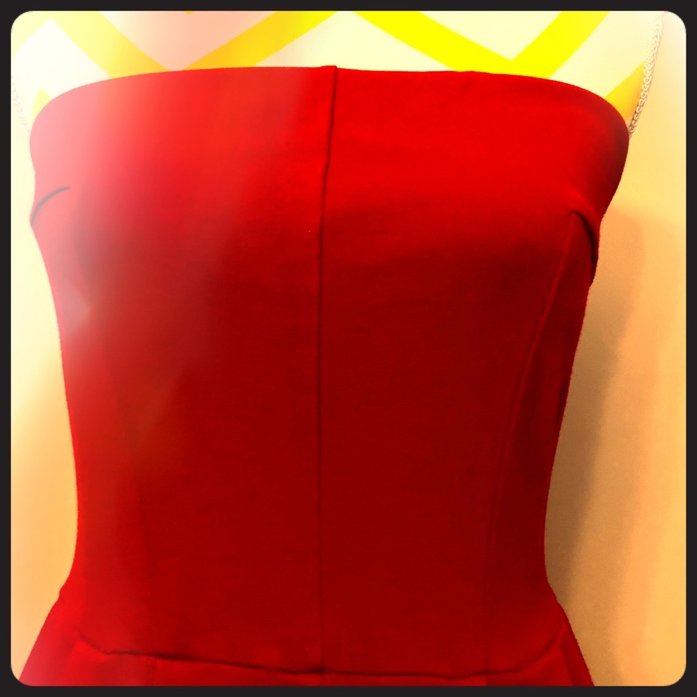 Ruby red strapless pleated cocktail dress